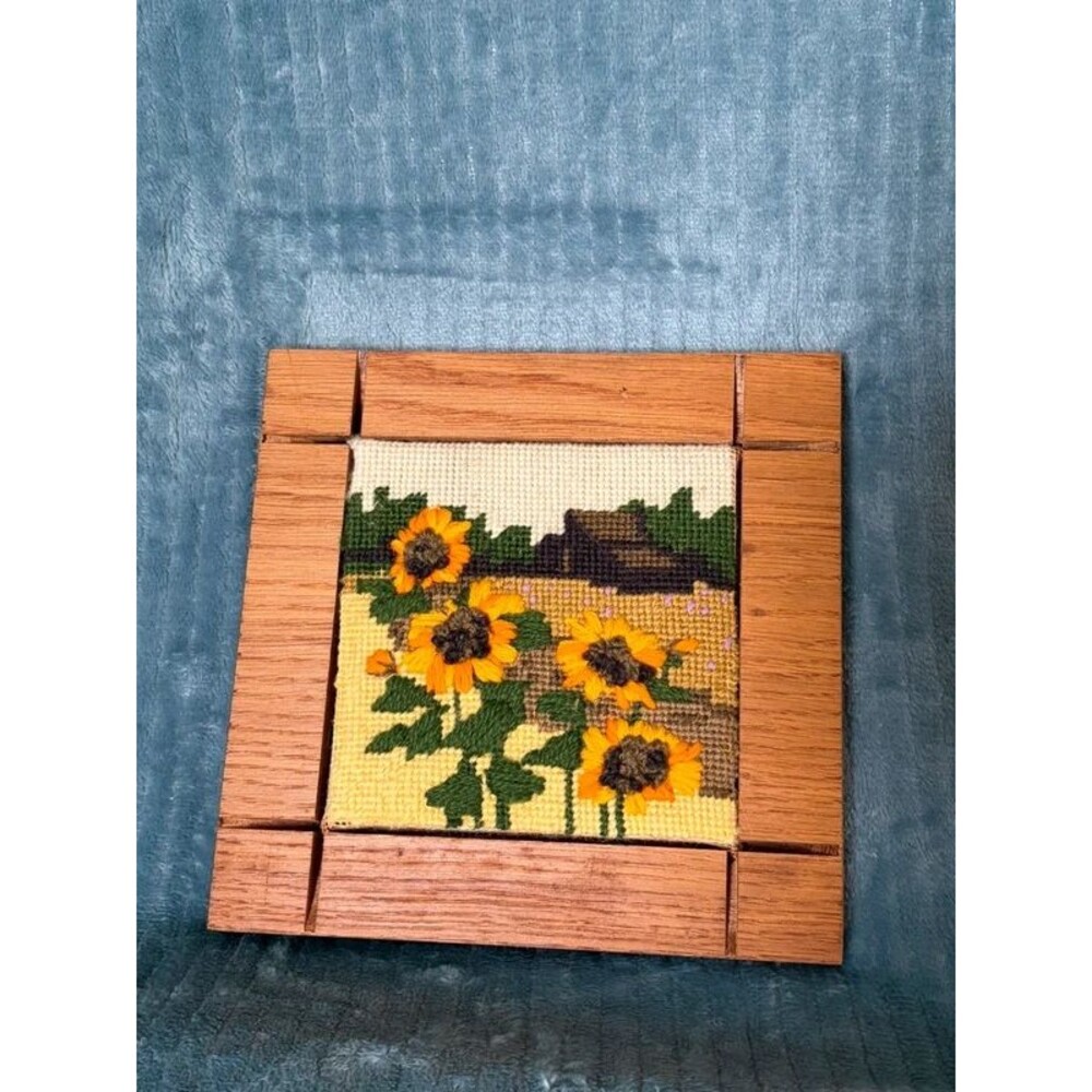 Vtg 1970s Sunflower Barn Needlepoint Cross Stitch Wood Wall Art Cottagecore